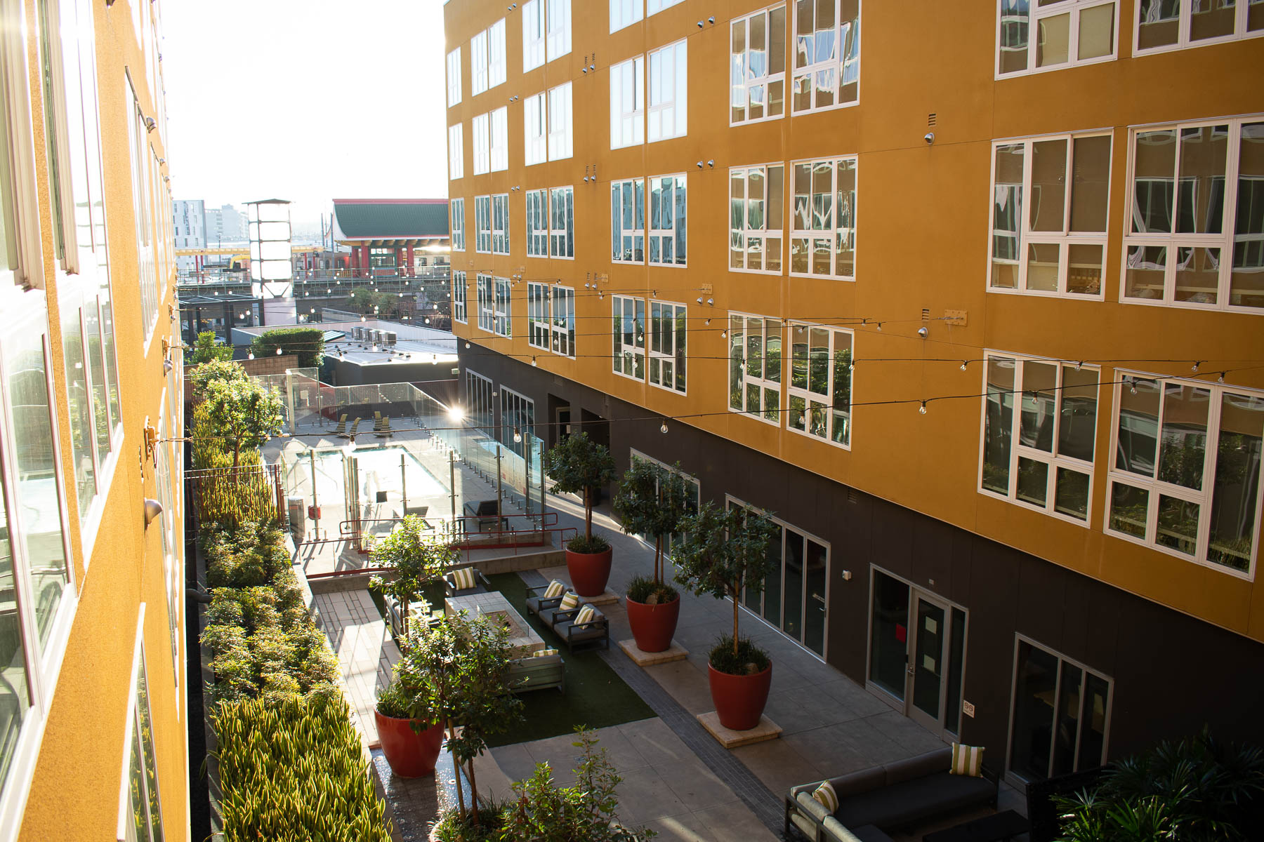 Retail space - pathway with planters and seating